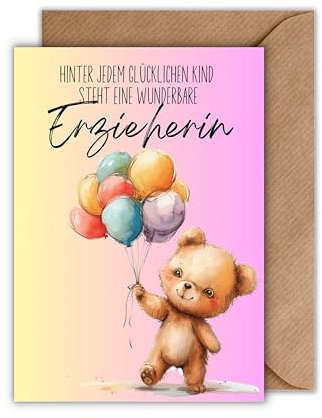 WBdesignz Dankeskarte Erzieherin – DIN A6 – „Hinter jedem glücklichen Kind…“ mit Bärenmotiv & Luftballons – liebevolle Karte zum Abschied oder als Wertschätzung aus der Kita