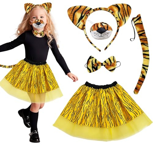 5 Pcs Tiger Costume for Kids, Animals Costume for 3-10y Girls, Tiger Stripe Tutu Skirt, Ears, Nose, Tail, Bowtie for Carnival, Fancy Dress, Cosplay, World Book Day, Halloween, Christmas (Tiger)