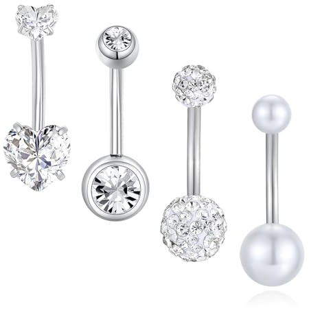 Besyvvin 4pcs Barras de Ombligo 12mm Acero quirúrgico Largo Ombligo Anillos de Plata del Vientre Piercing Joyería Mujeres
