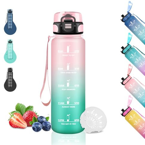 Trinkflasche für Kinder 500ml - Auslaufsicher mit Zeitmarkierung, Leicht zu Reinigen - Sportflasche für Schule, Reisen, Camping, Rosa-Cyan