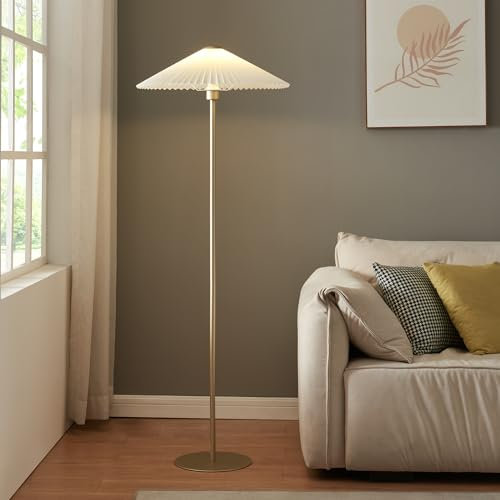 lux.pro Lampada da Terra con Stelo in Metallo Dorato e Paralume a Cono Piatto Pieghettato Bianco Piantana Alta 147 cm Ideale per Salotto Studio Camera da Letto