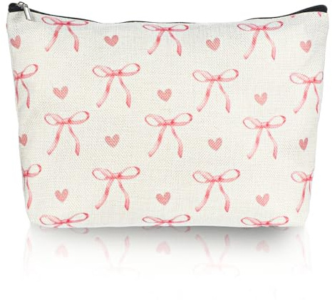 1Pcs Pink Bow Makeup Bag for Women Girls, Cute Coquette Cosmetic Bags, Pink Lovely Heart and Bow Preppy Makeup Pouch with Zipper, Travel Toiletry Bag Gifts for Women Teens Girls, Beige