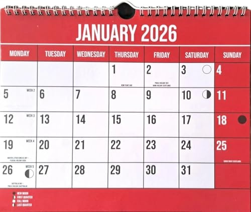 2026 Calendar One Months to View Spiral Bound Wall Planner Red and Black Calendar - for Home Business Office School 1 January 2026 to 31 December 2026 Space (2026)