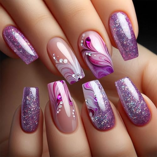 Nymora - Unghie Artificiali 24 Pezzi Lunghe Quadrato Acrilico Viola Fiori Design Unghie Falsi Adesivi