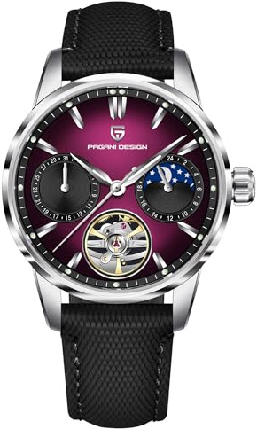 TYBERLEY Pagani Design Luxury Men's Automatic Watch Skeleton Tourbillon Moon Phase Stainless Steel 100m Waterproof Leather Strap Men's Mechanical Watch, Silver Pink, Classic