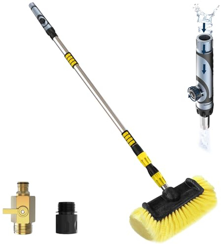 LAANPOLE 12FT Car Wash Brush with Long Handle, Car Cleaning Brush with 12 Inch Soft Bristle and Soap Dispenser, Solar Panels Cleaner with Telescoping Pole for RV, Truck, Boat, House Siding, Yellow