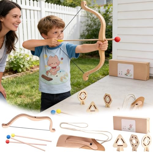 Kids Bow and Arrow Set, Wooden Archery Toy with 3 Safe Foam Arrows & Targets for Ages 3-12, Indoor & Outdoor Play for Boys & Girls, Includes Quiver Gift for Birthday & Holiday (1)