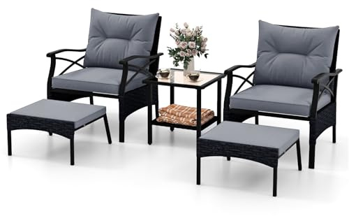 COSTWAY 5 Pieces Rattan Garden Furniture Set, Patio Conversation Set with 2 Chairs, 2 Footstools, Glass Top Coffee Table & Thick Cushions, Wicker Weave Outdoor Sofa Seating Set (Dark Grey+Mix Brown)