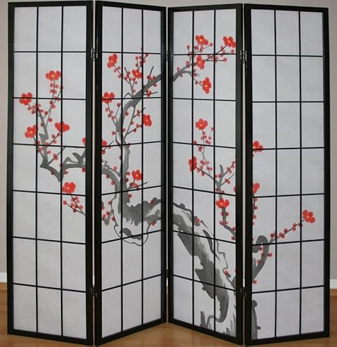 Décoshop26 Paravent 4 Panneaux Japonais en Bois Noir 176x175cm PAR06014