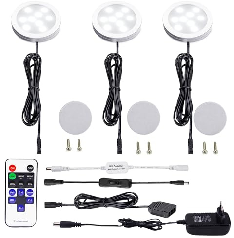 AIBOO LED Luce Sottopensile Cucina Dimmerabile con Telecomando RF Wireless, Illuminazione A LED da Incasso per Armadio, EUR Spina, 3 Luci LED con Display, 12V 6W Under Vetrine(Bianco Freddo 6000K)