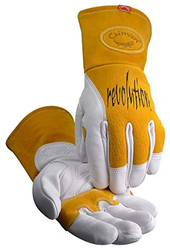 Caiman Premium Cow Grain MIG/Stick Welding Gloves, Two-Layer Back Insulation, Unlined, Large Pulse Protector, Kevlar, Kontour, White/Gold, Medium (1810-4)