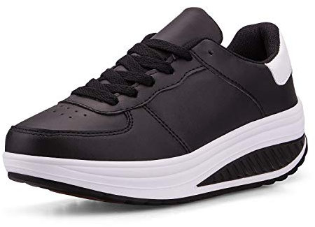 Frauen Wedge Heeled Fashion Sneaker Kunstleder Plattform Schuhe Rocker Sole Walking Schuhe Schnüren Fitnessschuhe Schwarz Weiß 38 EU