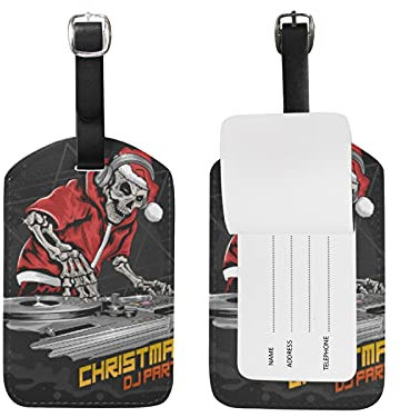 Crâne Noël DJ Fête Musique Etiquettes à Bagages de Valises Voyage en Cuir Etiquette Nom Adresse ID Tags Drôle pour Les Garçons Filles(3PACK)
