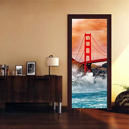 ZOOINB Etiqueta De Puerta Interior Decoración De La Habitación 3D Puente Golden Gate Rojo PVC Puerta De La Habitación Tatuajes De Pared Murales De Pared Pegatinas Carteles DIY Decoraciones 77X200Cm