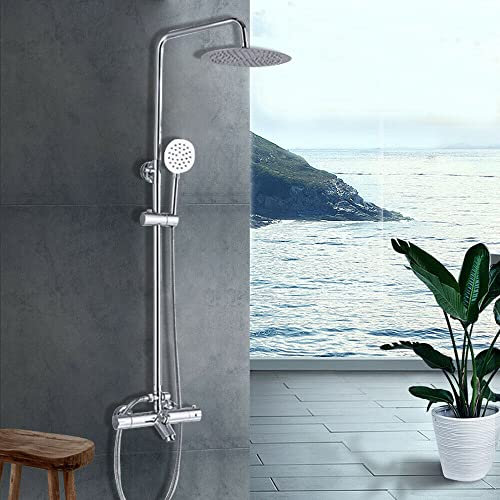 Sistema de ducha termostática con bloqueo de seguridad de 38 °C, termostato de ducha, ducha para cabeza y mano, columna de ducha, ducha de acero inoxidable, altura ajustable, ducha de lluvia para