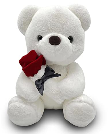 Teddybär, Plüsch-Bär, Teddy mit Rose, 23 cm Teddybären Rose Stofftier Spielzeug Dekozimmer Kissen, Plüschtier Kuscheltier Schmusetier Geschenke für Mama, Kinder Mädchen, Geburtstag, Valentinstag