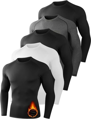 Dalavch 5 Pack Thermal Compression Shirts for Men Long Sleeve Running Gear Undershirt Base Layer for Winter Cold Weather 3 Black 1 White 1 Grey Large