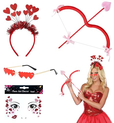 Hpbaggy Juego de 4 disfraz de Amor para mujer, con diadema brillante, gafas de corazón, flecha y arco, tatuajes faciales para San Valentín, carnaval, Halloween