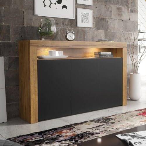 Creative Furniture Sideboard 155cm Dark Oak Modern Stand Black Matt Doors Free LED, E106