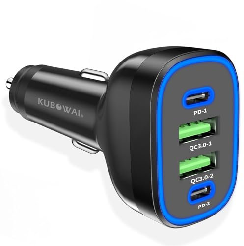 KUBOWAI Caricatore per Auto da 72 W, USB C, 4 Porte, 12 V, 24 V, Dual CHIP, Tipo PD, Ricarica Rapida, Adatto per iPhone 15/Samsung S24, ecc