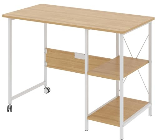 Maclean MC-411 W Loft Folding Desk 150kg White Light Beech Top 107x45x75cm Desktop Student Dorm Studio Apartment