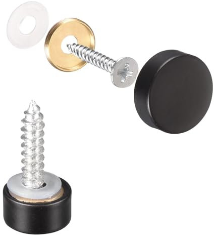 TOP-VIGOR 6Pcs Mirror Screws, 10mm brass Mirror Screws Cap Nail with Washers, Decorative Cap Covers Polished Mirror Nails for Mirrors, Furniture Fittings, Tables, Wardrobes, Glass, Black