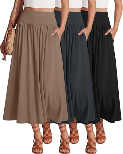 Ficerd Paquete de 3 Faldas Largas Maxi para Mujer, hasta el Tobillo, de Cintura Alta, Informales, de Verano, con Bolsillos