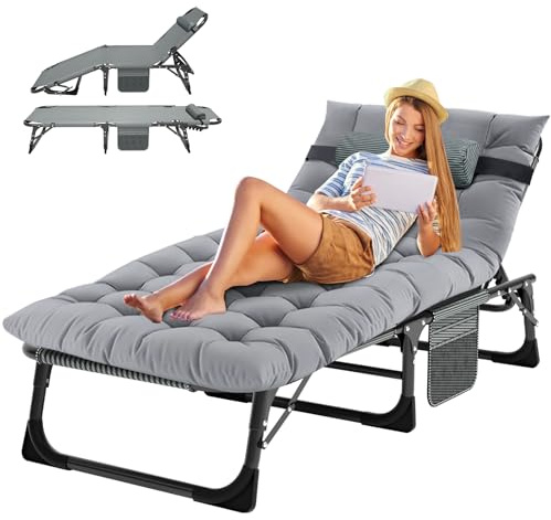 MOPHOTO Sun Lounger for Garden, Heavy Duty sun loungers chair with padded and Headrest, guest bed,office bed,folding garden chairs Perfect for camping,fold up(Grey)