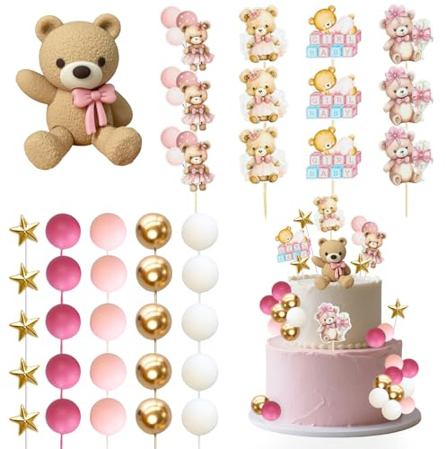 Decoration Gateau Anniversaire Ours, Boule Decoration Gateau Rose, 38 Pcs Décorations Cupcake Ours, Cake Topper Boule Or et Blanc, Cupcake Topper pour Garçon et Fille Fête Anniversaire