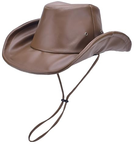 EINSKEY Sombrero vaquero de cuero para mujeres y hombres, sombrero de vaquera occidental con ala moldeable, protección solar UPF50+, transpirable y plegable, Marrón, talla única
