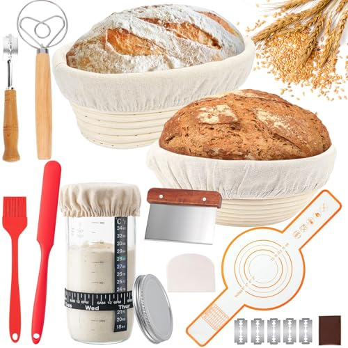 Banetones Para Pan, 12 Piezas Juego de Cestas para Fermentar Pan, Banneton Redondo y Ovalado, 650ml Vaso de Masa Madre, Sourdough Starter Kit, Kit Completo de Panadero