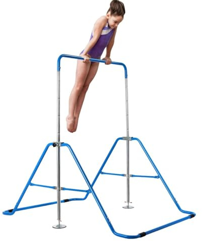 FANTASK Barra de gimnasia para niños, plegable, altura regulable, 90-130 cm, para interior y exterior, barra de entrenamiento junior para niños de 3 a 7 años (azul)