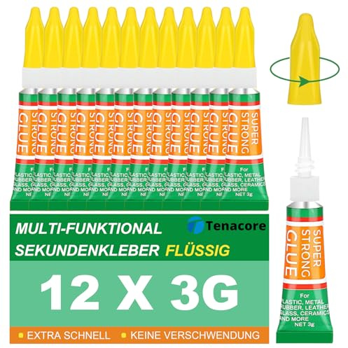 Tenacore 12 x 3g Pack Sekundenkleber extra stark Flüssig, Superkleber wasserfest für schnelle Sofortreparaturen, Transparent Flüssigkleber für Modellbau, Kunststoff, Porzellan, Holz, Glas uvm.