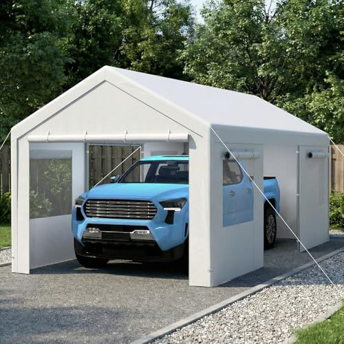 GOPLUS Tente Garage Carport 305 x 586 cm, Abri Voiture avec Bâche PE Imperméable, Parois Latérales Amovibles, Fenêtres, Tente Voiture pour Voiture, SUV & Moto (3x5,85x2,8M,Blanc)