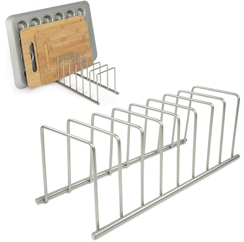 Spectrum Euro Kitchen Organizer Metal Dish Rack Cutting Board Holder Stand for Countertop or Inside Cabinet Organization, 8 Slot Cutting Board Plate Drying Rack for Bakeware Storage, Satin Nickel