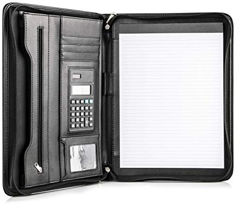 Cossini Black Superior Vegan Leather Business Portfolio with Zipper – Padfolio All-in-One. Smartest Protective 10.1 Inch Tablet Sleeve, Presentation Slot, Solar Calculator, Card Storage, Writing Pad