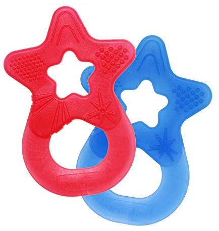 dentistar Beißring 2er-Set – Teether für Babys & Kleinkinder ab 3 Monate – Baby Beißring mit Griff aus weichem Material zur Zahnungshilfe & Massage – Made in Germany – Rot & Blau