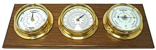 Tabic Brass Tide Clock, Traditional Barometer, Thermometer Mounted on a Triple English Oak Mount, Heavy Lacquered Brass (1/2kg Each) Ship Sailing Yacht Boating Clock, Handmade in England