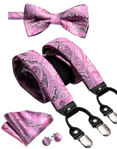 Dubulle Juego de tirantes y pajarita preatada para hombre, en forma de Y, ajustable, con estampado de cachemira, cuadrados, bolsillo, Rosado, Medium
