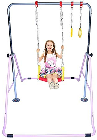 GymPros Kids Gymnastics Bar 3 in 1 Jungle Gym Deluxe Swing Set, Trapeze Rings, Monkey Bars Kip Bar Playground Expandable Junior Training Horizontal Bar Indoor Foldable Climbing Tower
