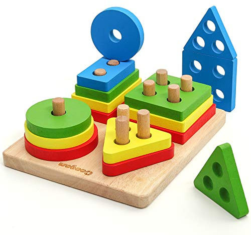 Coogam Holz Sortieren & Stapeln Spielzeug, Form Farberkennung Geometrische Blöcke Passende Puzzle mit Schnürschnur, Pädagogische Vorschule Lernen Brettspiel Geschenk für Kleinkinder Alter 1 2 3
