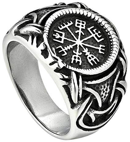 Flongo mäns ring tumring bandring män ringar silver viking kompass motorcykelförare biker retro män tillbehör, Rostfritt stål