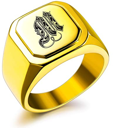 OTXIXTO Anillo de Sello Inicial para Hombres Mujeres Nombre Personalizado con Letra Grabado, Acero Inoxidable, Parejas Regalo del día del Padre con Ajustadores de Anillo (Oro, Talla 22)