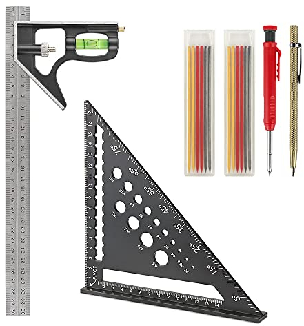 Carpenter Square Set, Set Square Tool incl 12inch/300mm Combination Square with Spirit Level, Speed/Rafter Square 180mm/7inch, Carpenter Pencil with 12 Refills & Carbide Scribe - for Measure Mark