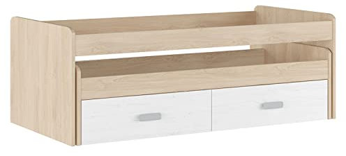 Shiito | Modelo Chelsea - Cama Compacta + Cama Nido + 2 Cajones para almacenar | Natural y Blanco Veteado - 198.4 cm (Largo) x 98 cm (Ancho) x 72 cm (Alto) | Primera Calidad y Alta Resistencia