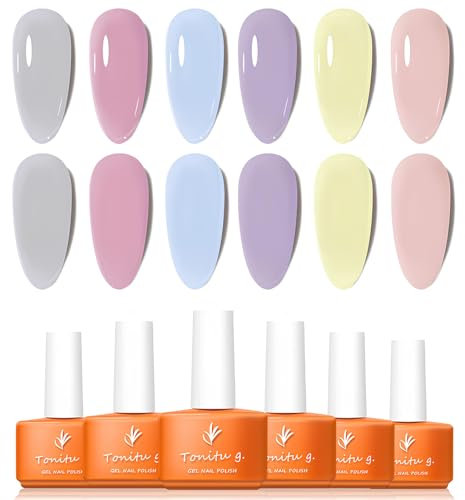 Tonitu G Gel Nail Polish Set 6 Colors Gel Polish Kit, Light Grey Soft Pink Pastel Blue Lavender Pale Yellow Blush Nail Art Design Soak Off LED at Manicure DIY Home Salon Gifts for Women Girls