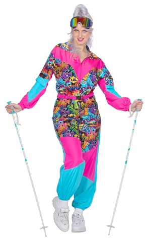 WILBERS & WILBERS 4495 - Retro Skianzug mit 80er Jahre Print für Damen, Skioverall, Schneeanzug, für Aprés Ski und Karneval, Blau-rosa, 36