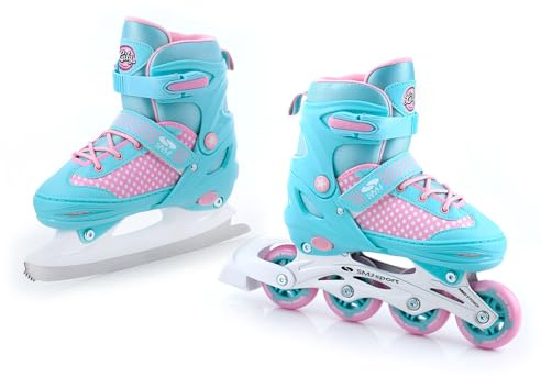 SMJ Lily barn flickor set 2-i-1 inliner/skridskor justerbar | ABEC-7 rullskridskor | inlines skridskor kan omvandlas till skridskor | turkos/rosa