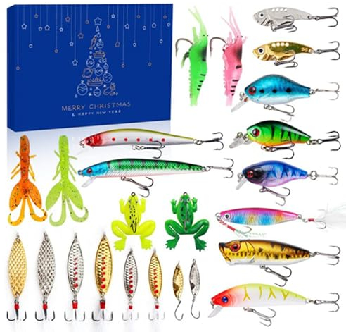 Calendario dell'Avvento pesca 2023 per adulti, set di esche da pesca 24 giorni, per uomini, adolescenti, ragazzi, Fish Bait Tackle Natale conto alla rovescia, calendario a sorpresa, accessorio di