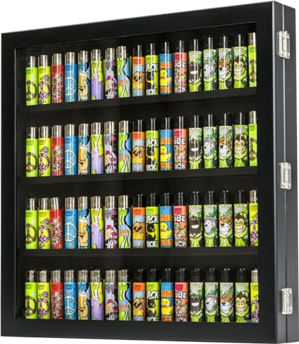 Mein Landhaus Vitrina coleccionable para mecheros como Clipper en negro para 72 mecheros – Elegante diseño de madera con ventana de cristal acrílico